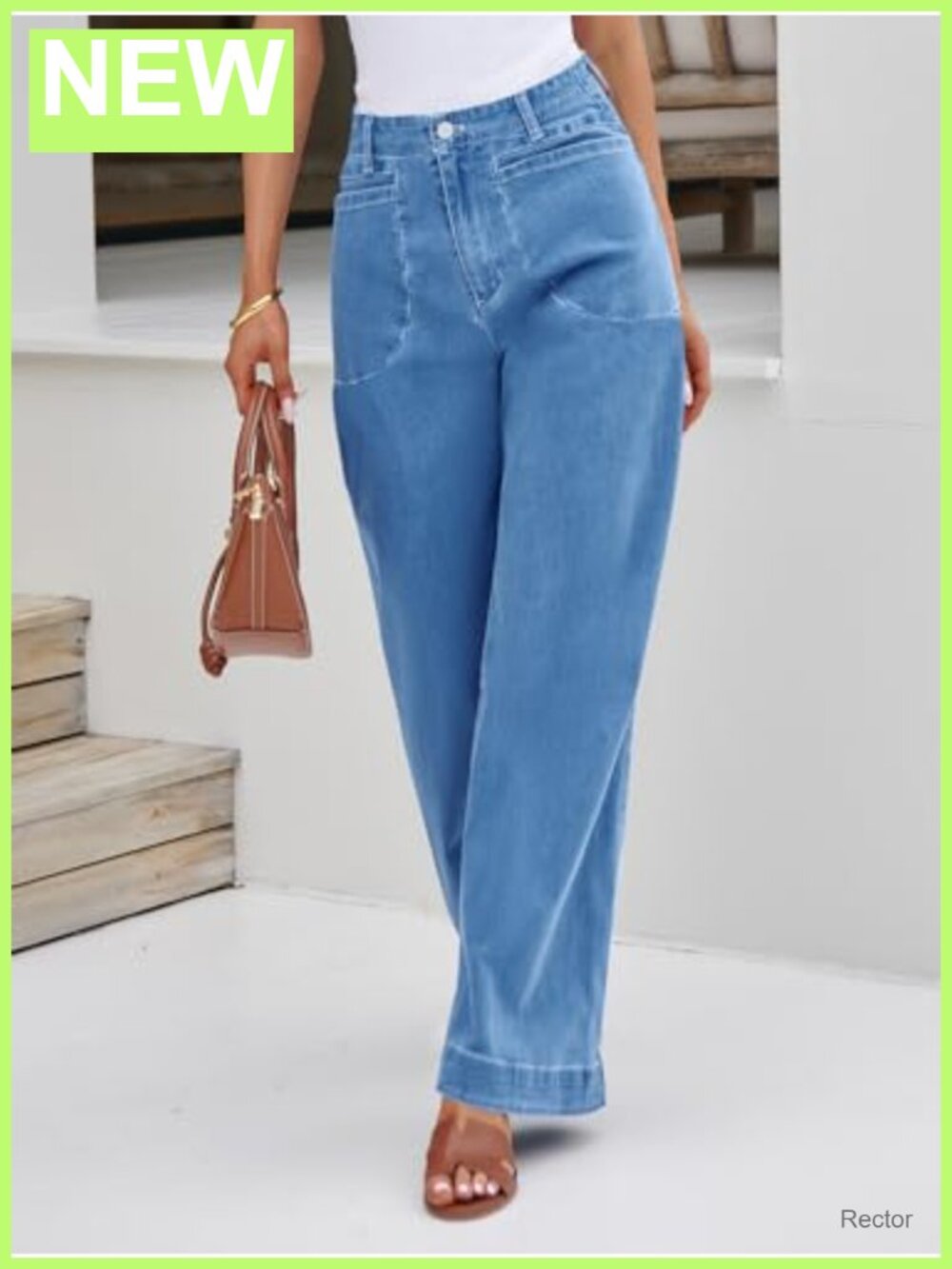 Wide Leg High Waisted Baggy Stretch Denim Jeans Four Pockets - Picture 5 of 6